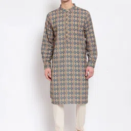 Style Quotient Men Blue & Beige Geometric  Kurta-image-61