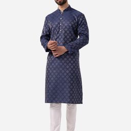 THE KURTA COMPANY Geometric Printed Mandarin Collar Indigo Silk Straight Kurta-picture-38