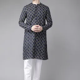 See Designs Men Mandarin Collar Geometric Thread Work Cotton Kurta-image-65