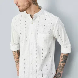 max Geometric Embroidered Roll-Up Sleeves Mandarin Collar Pure Cotton Short Kurta-image-60
