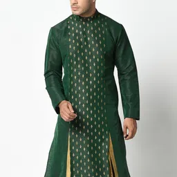 DEYANN Men Green & Golden Ethnic Motifs Woven Design A-line Kurta-picture-26