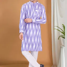 SHIWAM ETHNIX Ikkat Printed Band Collar Cotton Straight Kurta-picture-35