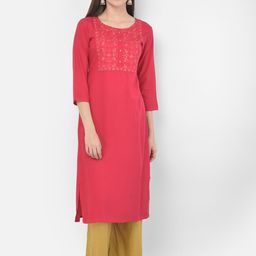 Span Women Pink Embroidered Straight  Kurta-image-34