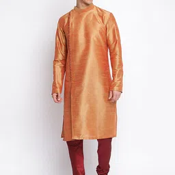 Sanwara Men Orange Solid Art Silk Straight Kurta-picture-14