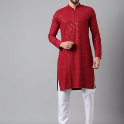 SHADOW & SAINING Ethnic Motifs Embroidered Sequinned Cotton Silk Straight Kurta-image-58