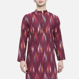Vastraa Fusion Men Maroon & Grey Ikkat Printed Cotton A-line Kurta-22