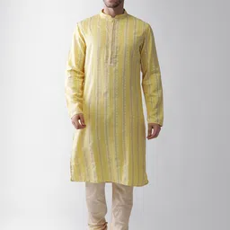 KISAH Men Yellow & Off White Striped Thread Work Kurta-42