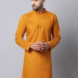 Kaifoo Men Mustard Yellow Embroidered Kurta-image-8