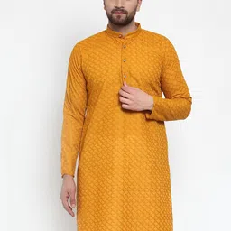 Jompers Men Mustard Yellow Thread Work Cotton Kurta-picture-29