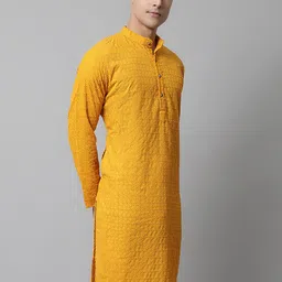 Jompers Men Mustard Ethnic Motifs Embroidered Thread Work Cotton Kurta-image-88