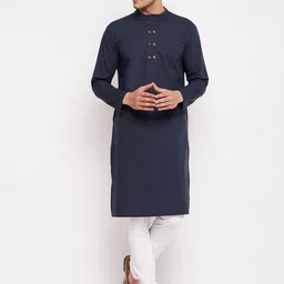 Hypernation Men Navy Blue Thread Work Kurta-image-95