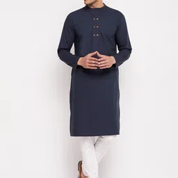 Hypernation Men Navy Blue Thread Work Kurta-image-68