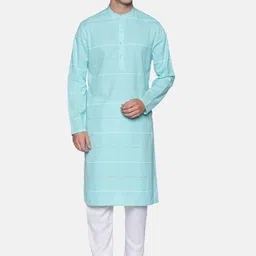 Saffron Threads Men Turquoise Blue Checked Kurta-18