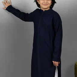 YK Boys Striped Embroidered Chikankari Mandarin Collar Cotton Straight Kurta-9