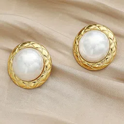 KRENOZ Gold-Plated Pearls Studded Circular Shaped Textured Rim Studs-5