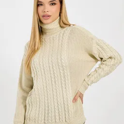 Styli Women Boxy Fit Regular Length Chunky Cable Knit Turtleneck Sweater-image-46