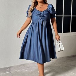 Sztori Women Plus Size Sweetheart Neck Smocked Fit & Flare Dress-picture-1