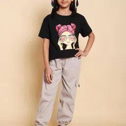 HERE&NOW Girls Printed Short Sleeves Pure Cotton T-shirt With Joggers-picture-3