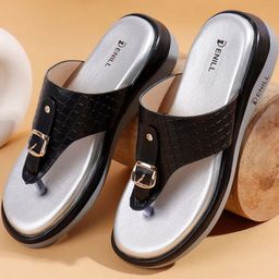Denill Women Black Croc-Textured Gold Buckle Detail Cushioned Footbed Thong Sandals-picture-48