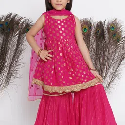 Little Bansi Girls Ethnic Motifs Woven Design Pure Cotton Kurta with Sharara & Dupatta-image-67