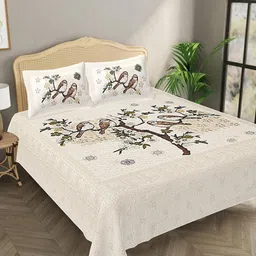 Bombay Spreads Beige & Yellow Floral Pure Cotton 144 TC King Bedsheet with 2 Pillow Covers-image-49
