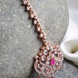 KARATCART Rose Gold-Plated White & Pink AD-Studded Maang Tikka-46