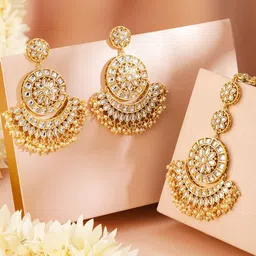 Rubans 24K Gold Plated Kundan & Pearls Earrings & Maang Tikka Set-32