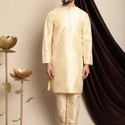 Anouk Beige Band Collar Regular Dupion Silk Kurta with Churidar-picture-50