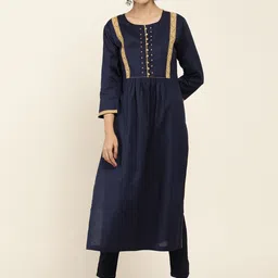 Soch Women Navy Blue & Beige Geometric Yoke Design Anarkali Kurta-image-60