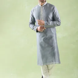 Arihant Rai Sinha Men Ethnic Motifs Yoke Design Regular Thread Work Chanderi Silk Kurta with Churidar-17