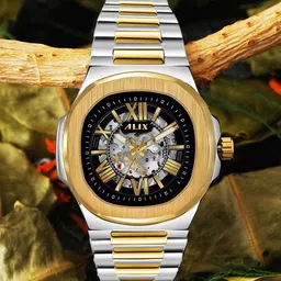 ALIX Men Brass Skeleton Dial & Stainless Steel Bracelet Style Straps Analogue Automatic Motion Powered Watch-31