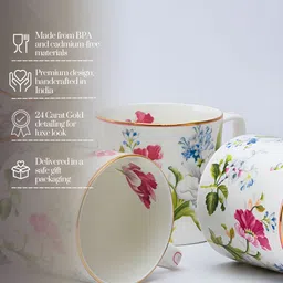 GOLDEN QUEEN'S Pink & Green Floral Printed Bone China Glossy Cups Set of Cups and Mugs-31
