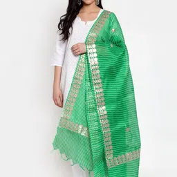 SOUNDARYA Women Green & Gold-Toned Striped Gota-Patti Cotton Dupatta-picture-32
