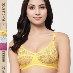 Docare Women Purple & Turquoise Blue Pack Of 3 Floral Cotton Bralette Bra-38