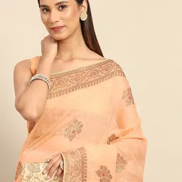 Anouk Peach-Coloured & Gold-Toned Ethnic Motifs Silk Blend Banarasi Saree-image-10