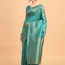 KALINI Olive Green & Gold-Toned Woven Design Zari Silk Blend Banarasi Saree-picture-13