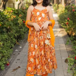 PICCOLO Girls Orange Floral Printed Empire Silk Chiffon Kurta with Trousers & With Dupatta-image-92