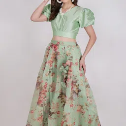 Frolic Rolic V Neck Puff Sleeves Ready To Wear Blouse With Printed Lehenga-image-18