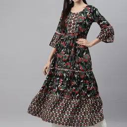 Indibelle Women Black & Red Ethnic Motifs Printed Kurta-image-4