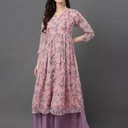 Janasya Floral Printed V-Neck A-Line Chiffon Kurta-image-64