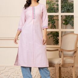 Yufta Blue Floral Yoke Design Embroidery Thread Work Linen Straight Kurta-picture-20