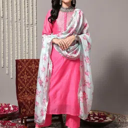 Varanga Women Pink Yoke Design Sequinned Chanderi Silk Kurta with Palazzos & With Dupatta-57