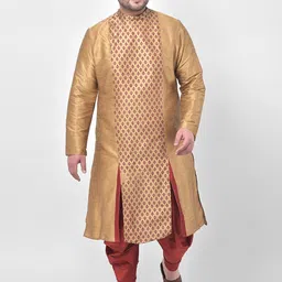 DEYANN PLUS Men Brown Plus Size Ethnic Motifs Panelled Dupion Silk Kurta with Dhoti Pants-18