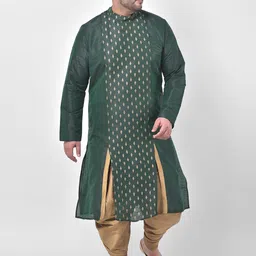 DEYANN PLUS Men Green Ethnic Motifs Printed Plus Size Dupion Silk Kurta with Dhoti Pants-3