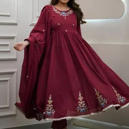 ROOTSOUL Ethnic Motifs Embroidered Pure Cotton Kurta With Trousers & Dupatta-picture-52