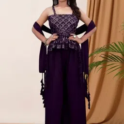 PARROT CREATION Floral Embroidered Georgette Shoulder Straps Kurti With Palazzos & Dupatta-image-76