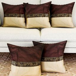 Aura Brown & Beige Set of 5 Colourblocked Square Cushion Covers-image-42