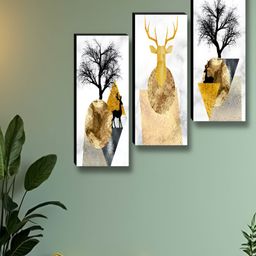 Aura White & Gold-Toned 3 Pieces Deer & Trees Wall Paintings-image-56