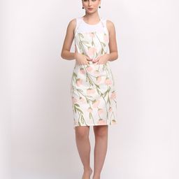 Arrabi Off White & Green Floral Printed Cotton Aprons With Pockets-14
