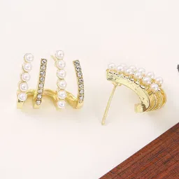 KRENOZ Gold-Plated Artificial Stones Studded & Beaded Triple Hoop Contemporary Studs-53